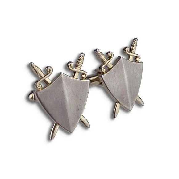 Crossed Swords & Shield Gold Tone Cufflinks Knight Heraldry Hickok Vintage L1 - Picture 1 of 6